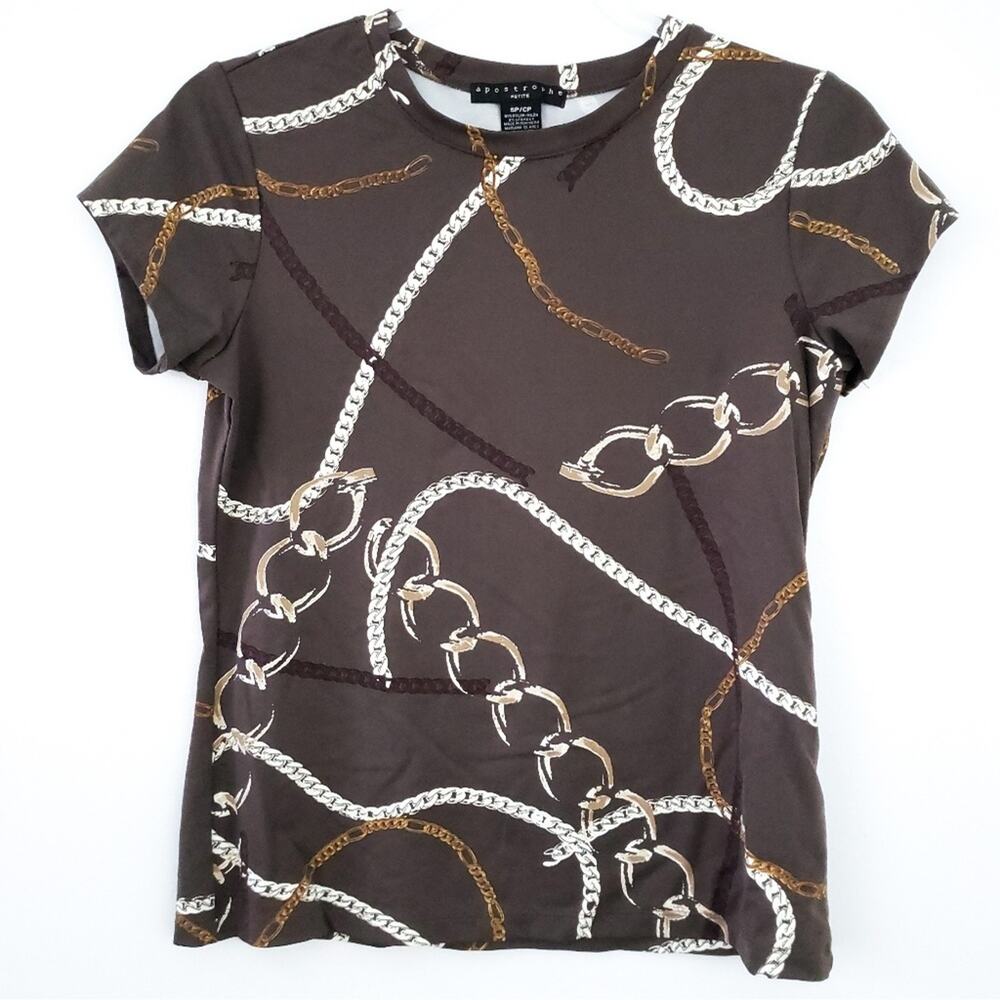 Apostrophe Career Shirt Horse Equestrian Stretchy Small Short Sleeve Blouse Top